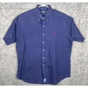 Ralph Lauren Linen Shirt Men's XL Blue Classic Fit Short Sleeve Button Down Logo